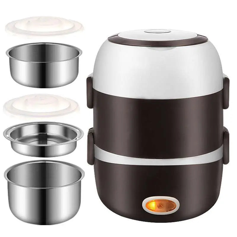 Brown and white electric multi-function lunch box with stainless steel bowls and multiple compartments for meals