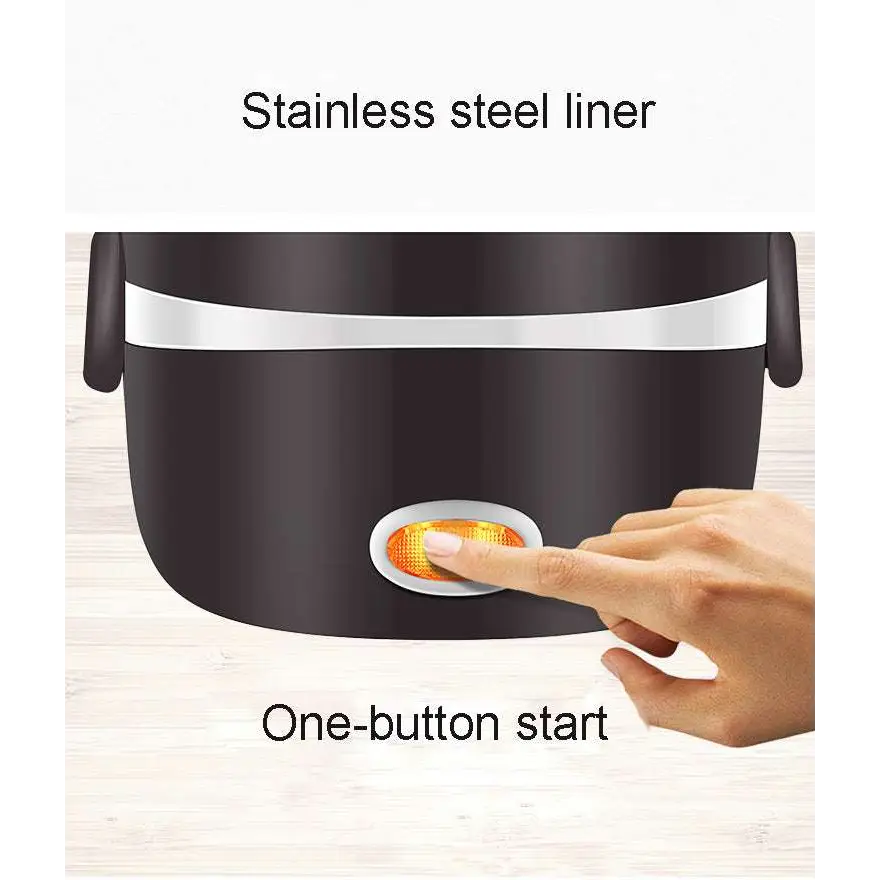 Black electric multi-function lunch box with stainless steel bowls and orange illuminated one-button start