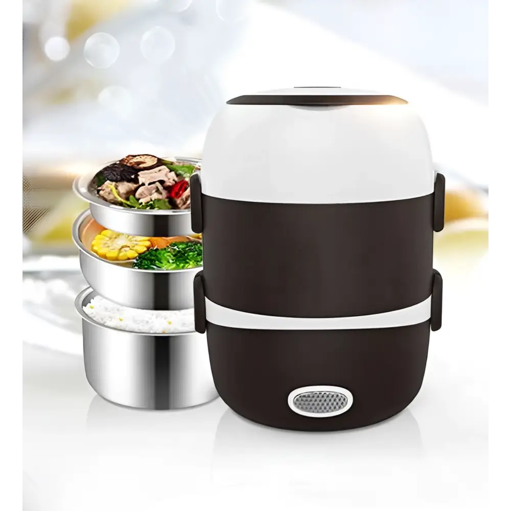 Black and white electric multi-function lunch box with stainless steel bowls and multiple compartments for meals