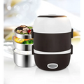 Black and white electric multi-function lunch box with stainless steel bowls and multiple compartments for meals