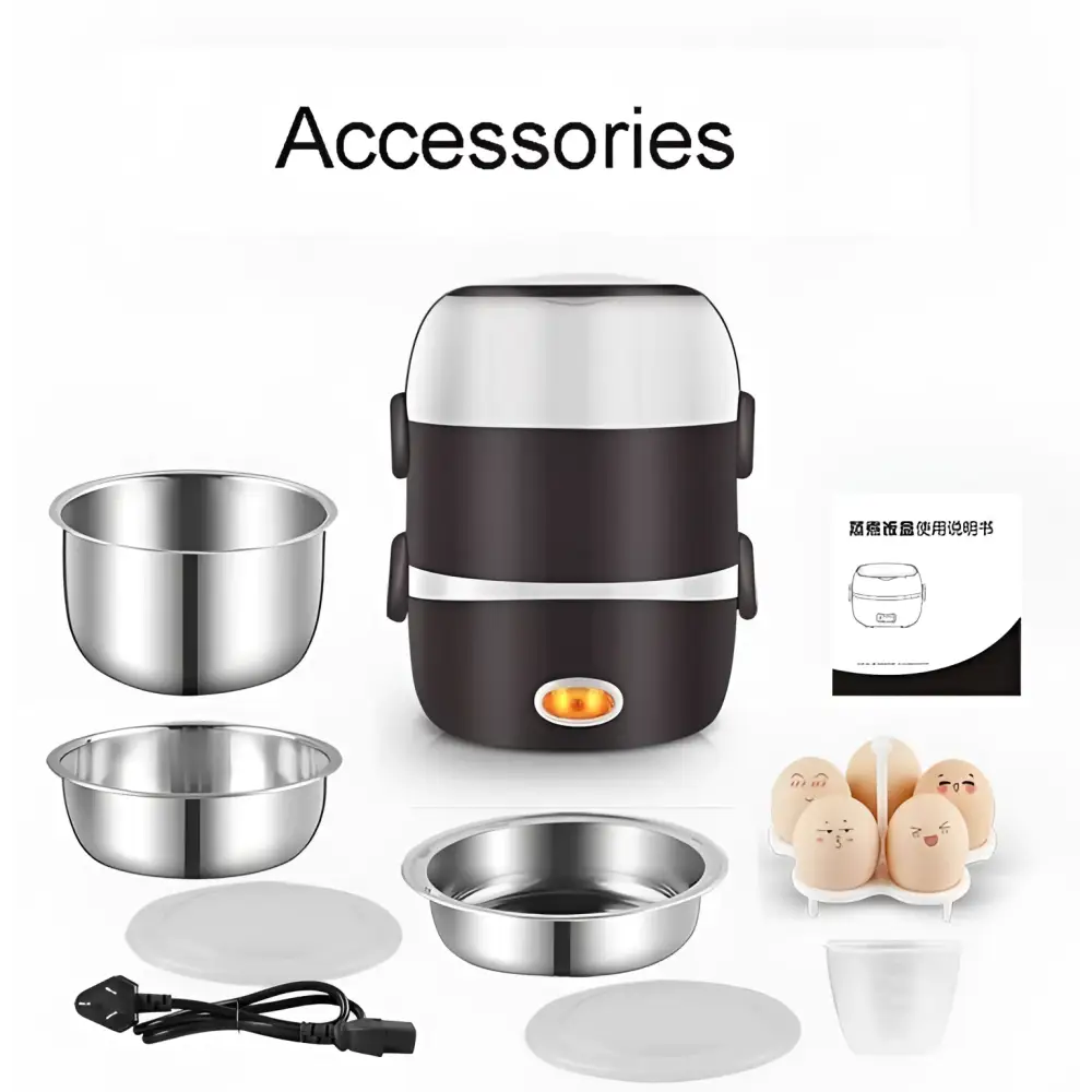 Black and white electric multi-function lunch box with stainless steel bowls and multiple compartments for meals