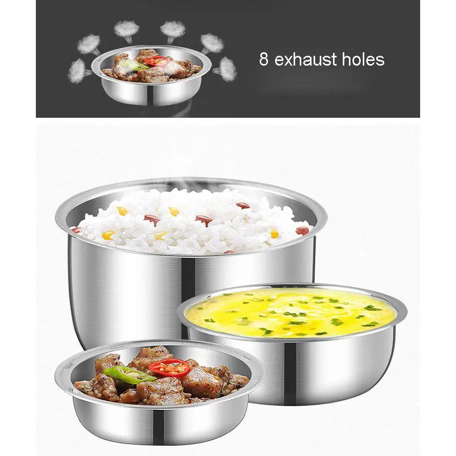 Set of three stainless steel bowls with cooked dishes for electric multi-function lunch box use