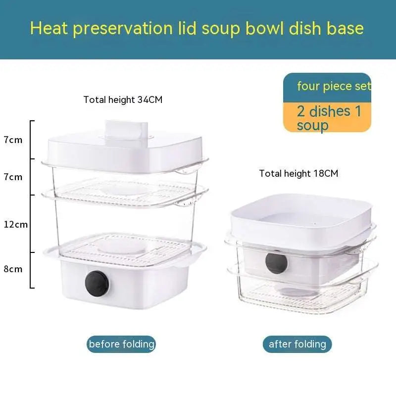 White plastic electric multi layer heat preservation dish cover with clear stacking trays and black circular handles