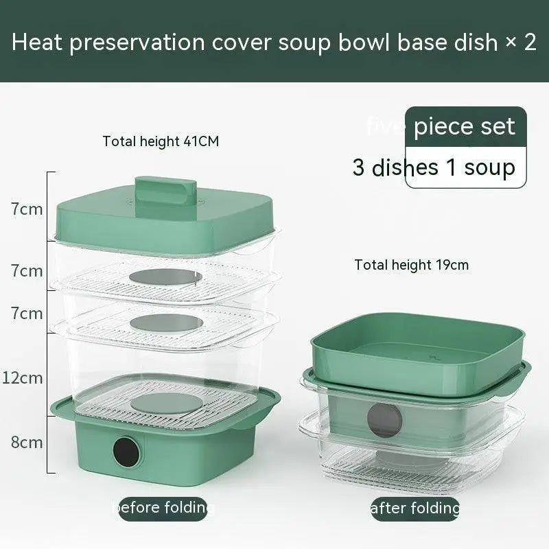 Set of two green electric multi layer heat preservation dish covers with clear plastic trays and mesh inserts for soup bowls