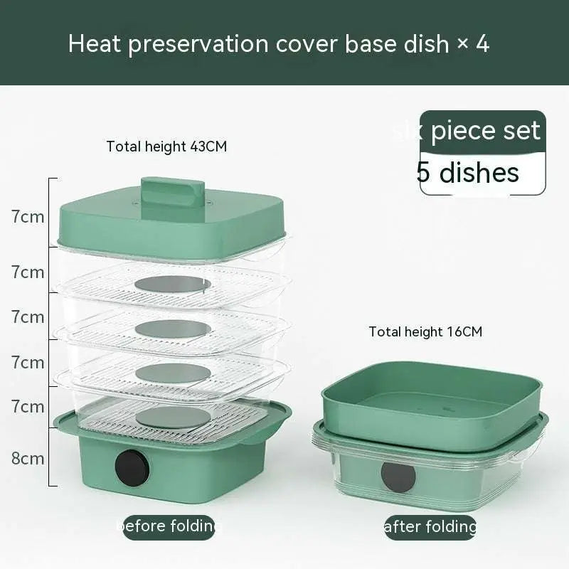 Teal electric multi layer heat preservation dish cover set with clear plastic trays and gray mesh inserts for food warmth