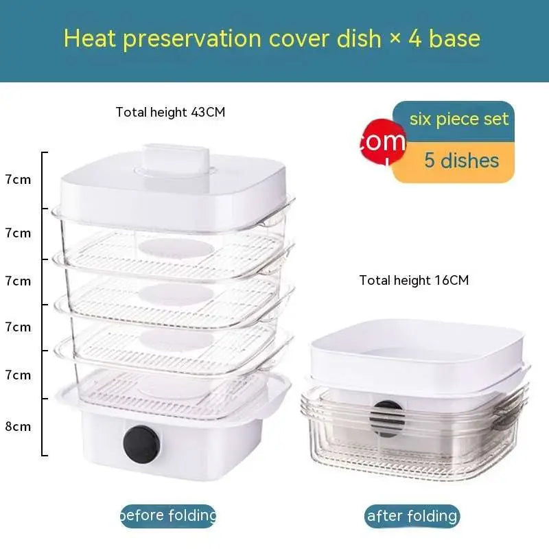 White plastic electric multi layer heat preservation dish cover with clear glass trays and black control knob for heating