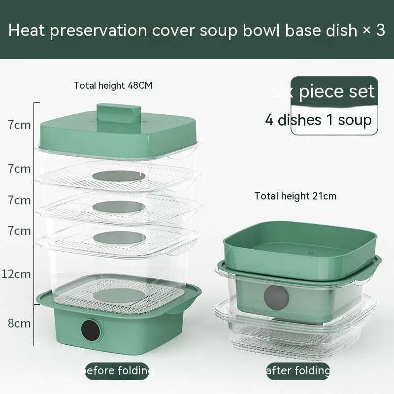 Set of three green electric multi layer heat preservation dish covers with clear plastic trays and mesh inserts for soup bowls