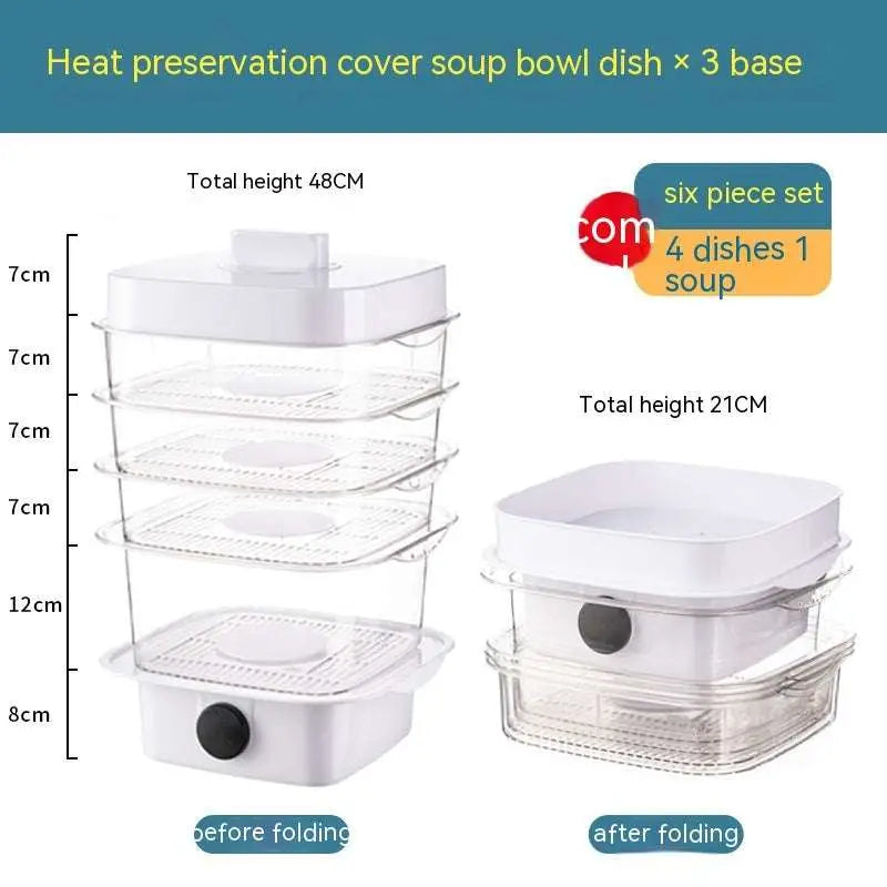 Electric multi layer white plastic heat preservation dish cover with clear stacking trays and compact foldable design