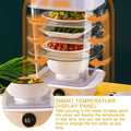White electric multi layer heat preservation dish cover with transparent glass shelves and digital temperature display at 65°c