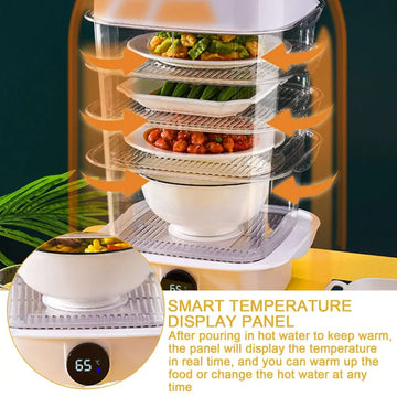 White electric multi layer heat preservation dish cover with transparent glass shelves and digital temperature display at 65°c