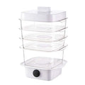 White multi tiered electric multi layer steamer with transparent sides and clear wire racks for heat preservation dish cover