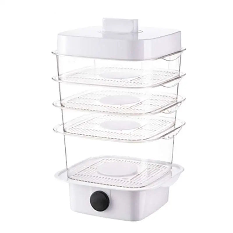 White multi tiered electric multi layer steamer with transparent sides and clear wire racks for heat preservation dish cover