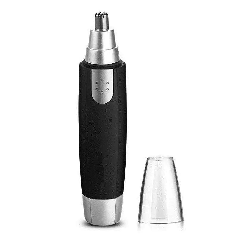 Black and silver electric nose hair trimmer with sleek ergonomic design for men and women grooming nose and ear hair