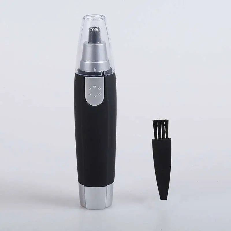 Black and silver electric nose hair trimmer with clear protective cap for men and women grooming ear hair and nose hair