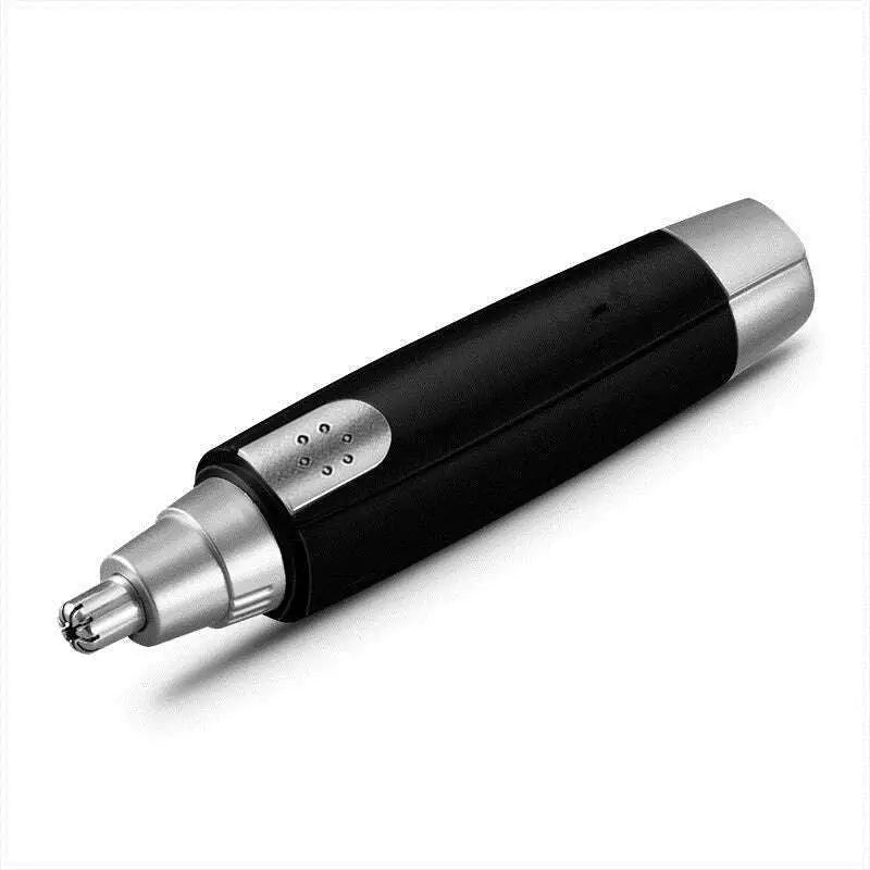 Black and silver electric nose hair trimmer with sleek ergonomic design for men and women grooming nose and ear hair