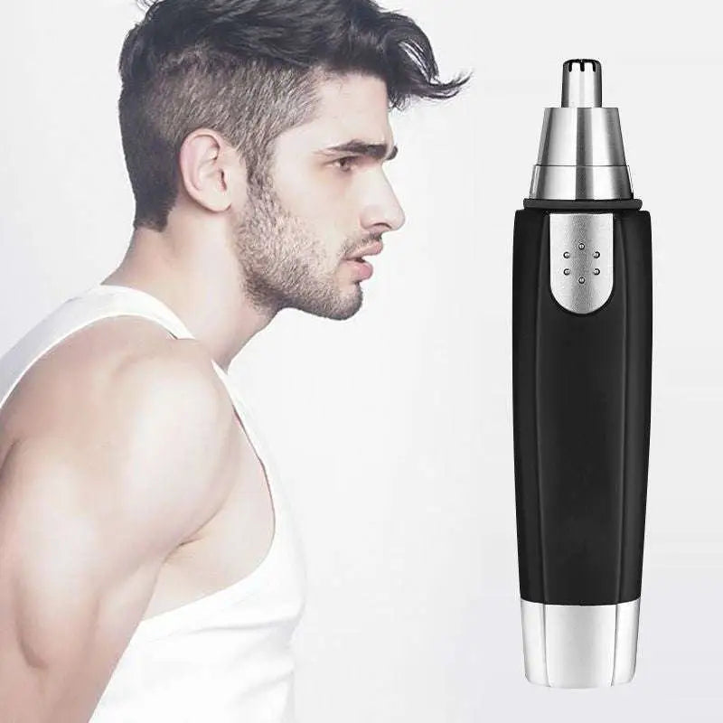 Black and silver electric nose hair trimmer with sleek ergonomic design for safe ear hair and nose hair grooming