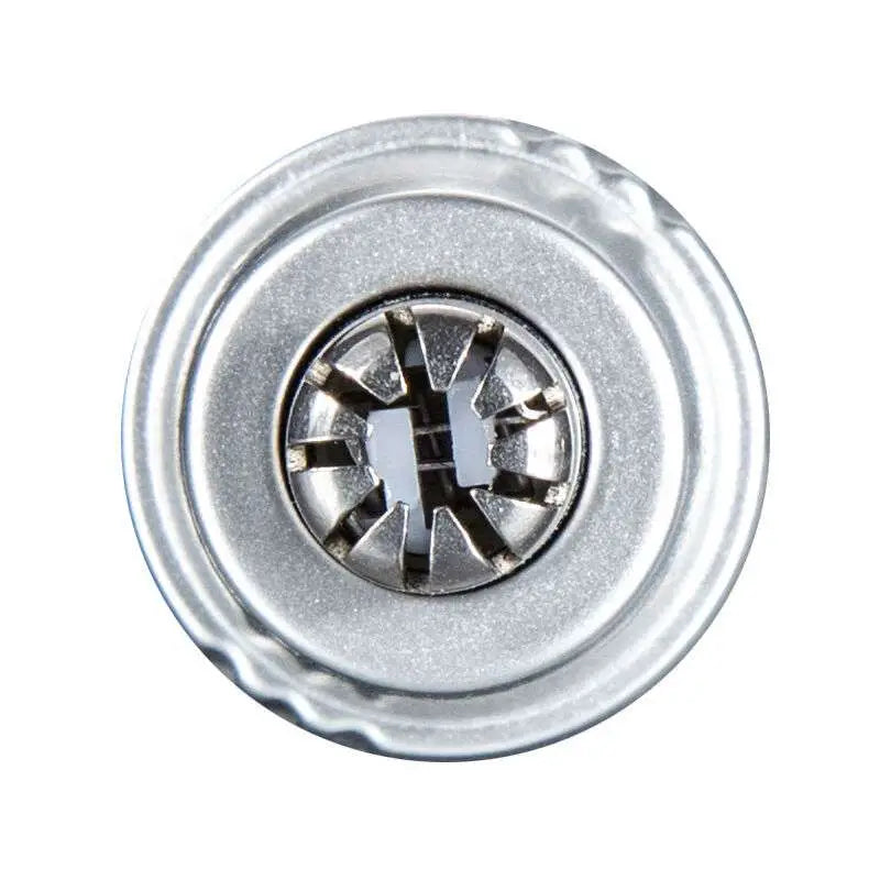 Silver metallic screw with textured circular head and cross slot used in electric nose hair trimmer for men and women