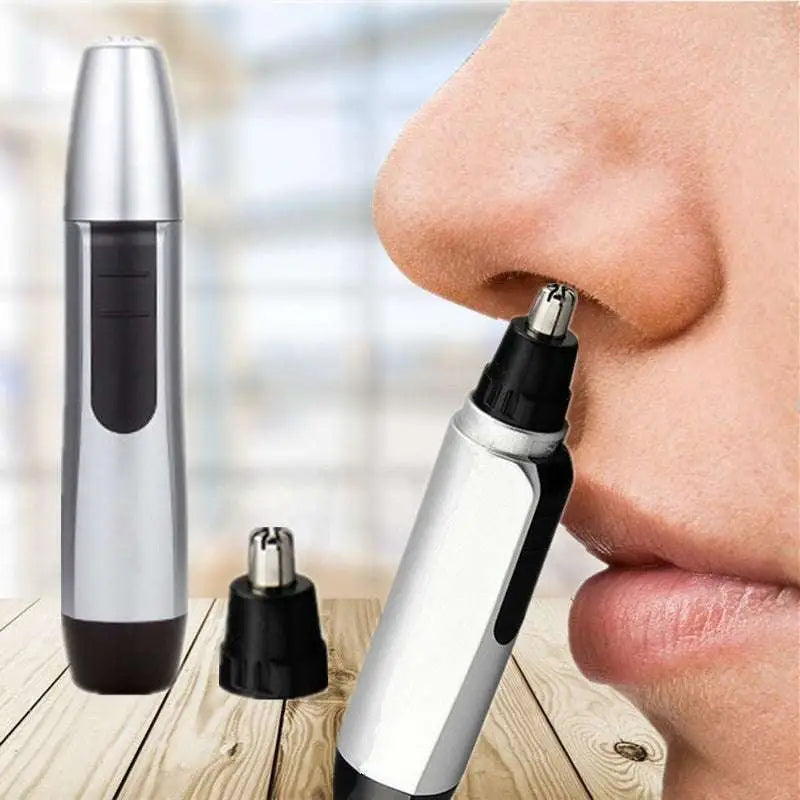 Silver and black electric nose hair trimmer for men and women with interchangeable precision tips for nose and ear hair