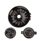 Black plastic electric orange juice separation machine with circular base and two reamer attachments for stainless steel juice