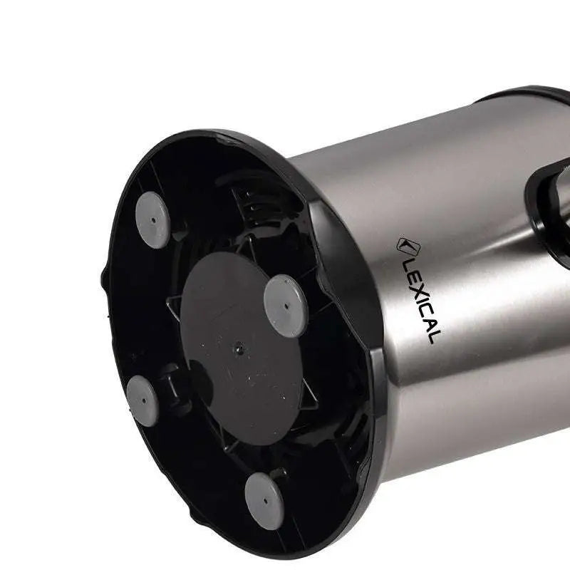 Lexical brand stainless steel juice separation machine with black plastic base and gray suction cups for electric orange juice