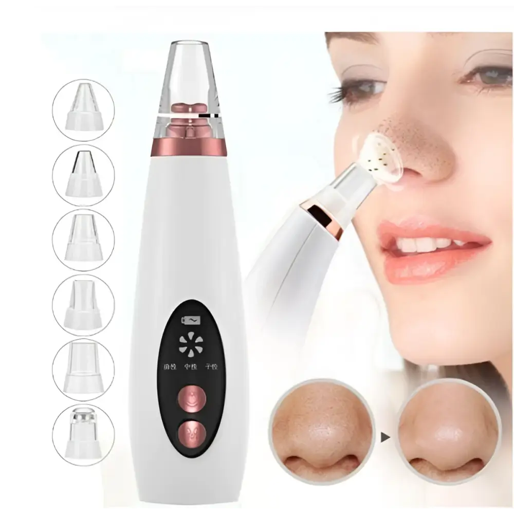 Electric pores clean artifact electric nose vacuum in white and rose gold with multiple clear attachments for deep cleaning