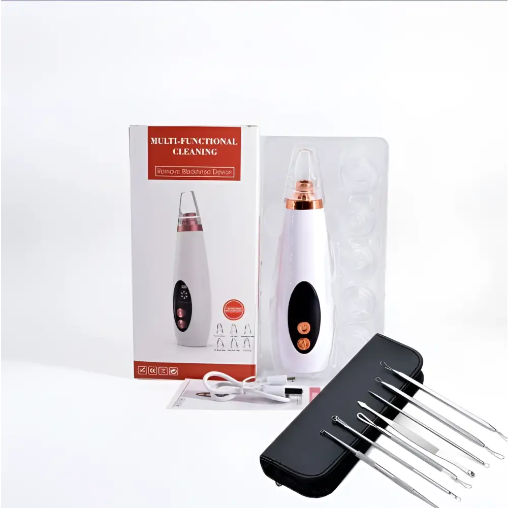 White and rose gold multi-functional electric pores clean facial device with interchangeable tips and nose vacuum feature