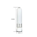 White electric salt–pepper grinder with transparent glass section and metallic accents in a grinder set