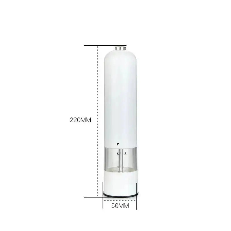 White electric salt–pepper grinder with transparent glass section and metallic accents in a grinder set