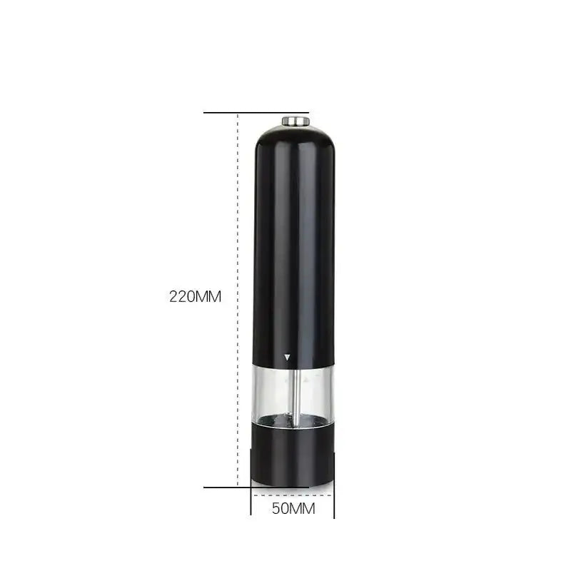 Black electric pepper mill with clear glass section and silver top in an electric salt–pepper grinder set with clear view