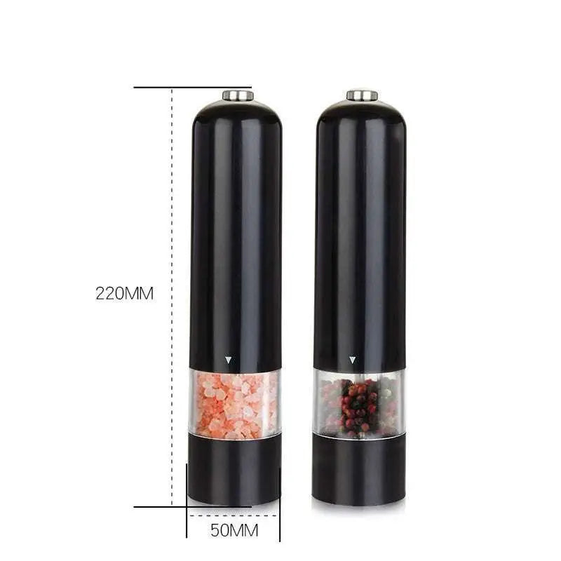 Black electric salt–pepper grinder set with clear view sections showing pink himalayan salt and mixed peppercorns inside