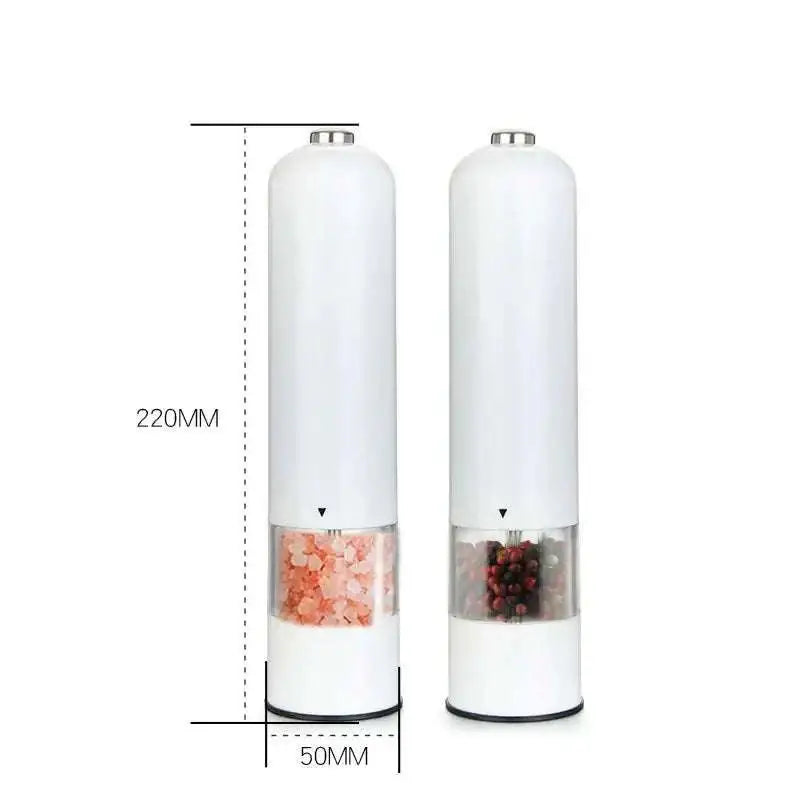 White electric salt–pepper grinder set with clear view sections showing pink himalayan salt and black peppercorns inside