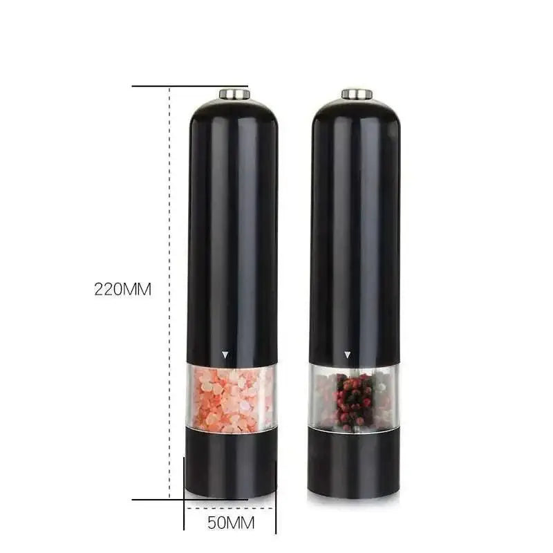 Black electric salt–pepper grinder set with clear view sections showing pink himalayan salt and mixed peppercorns inside