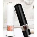 Electric salt–pepper grinder set with white salt grinder and black pepper grinder featuring clear view windows