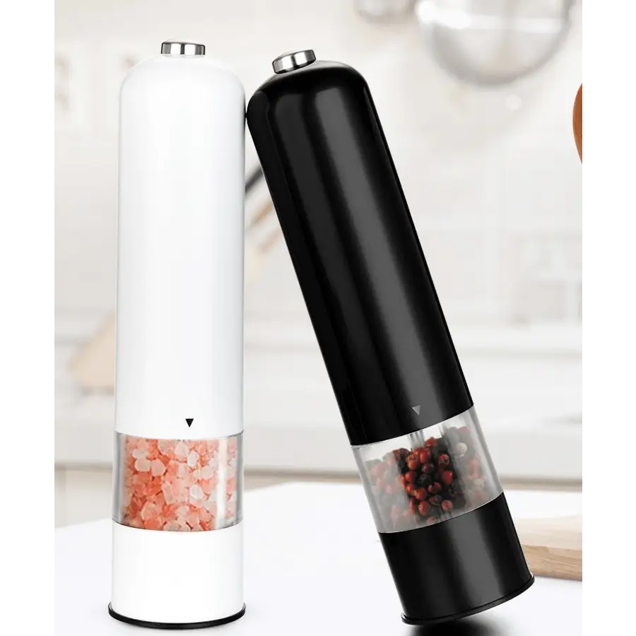 Electric salt–pepper grinder set with white salt grinder and black pepper grinder featuring clear view windows