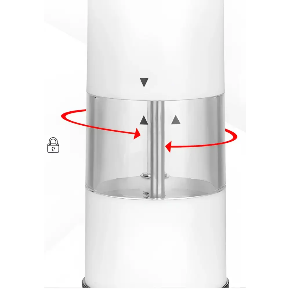 White cylindrical electric salt–pepper grinder with clear central chamber and metallic grinding mechanism in grinder set