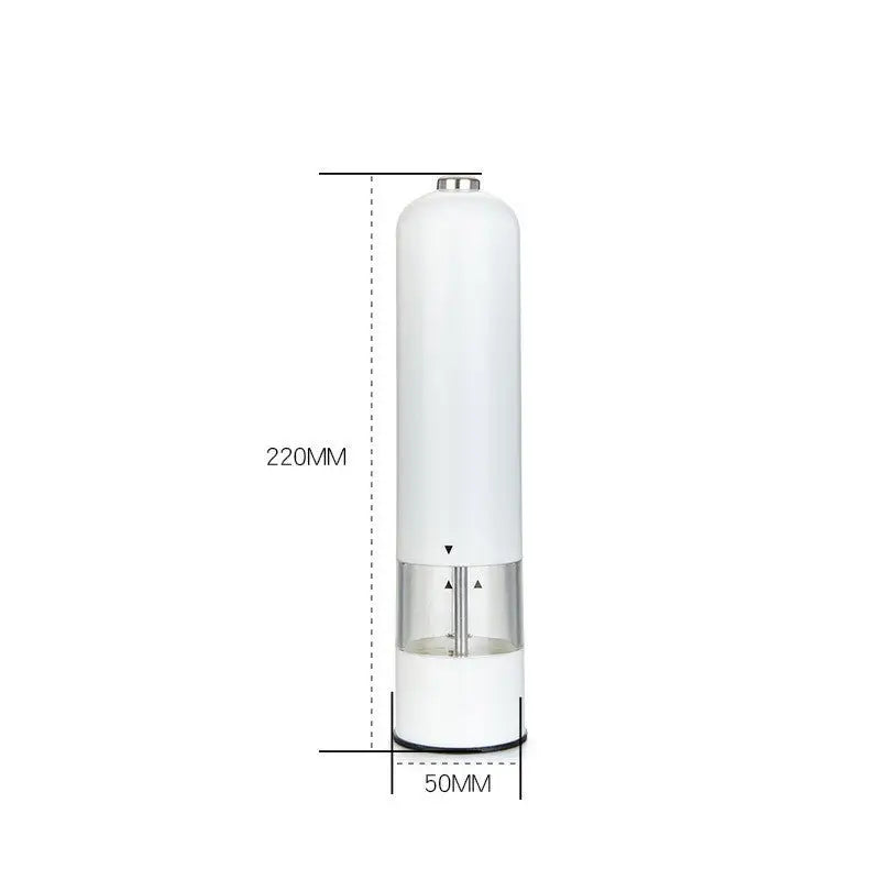 White electric salt–pepper grinder with clear glass section and silver metal accents in salt–pepper grinder set