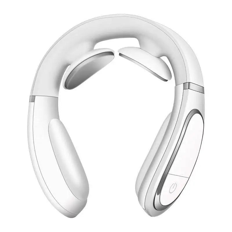 White ergonomic smart shoulder massager with sleek curved design and silver accents for heating pain relief