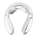 White ergonomic smart shoulder massager with sleek curved design and silver accents for heating pain relief