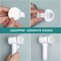 White plastic wall-mounted adhesive hook with circular base and adjustable clip for electric spin cleaning brush use