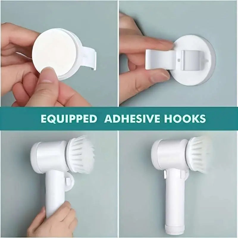 White plastic wall-mounted adhesive hook with circular base and adjustable clip for electric spin cleaning brush use