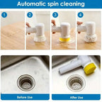 White electric spin cleaning brush with white and yellow automatic rotating head for efficient electric spin scrubbing