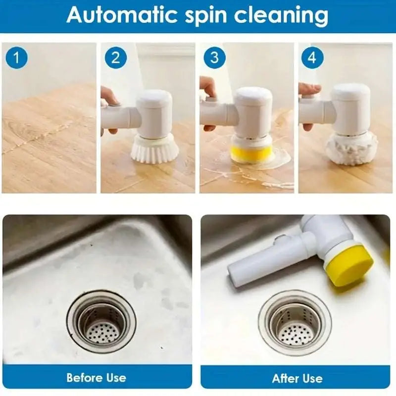 White electric spin cleaning brush with white and yellow automatic rotating head for efficient electric spin scrubbing