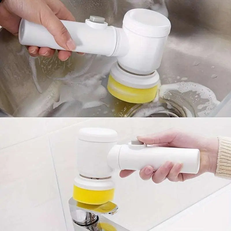 White and yellow electric spin cleaning brush with rotating brush head for efficient electric spin cleaning tasks