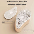 White double-tooth spray massage comb with massage head protector and ergonomic beige handle for hair care spray