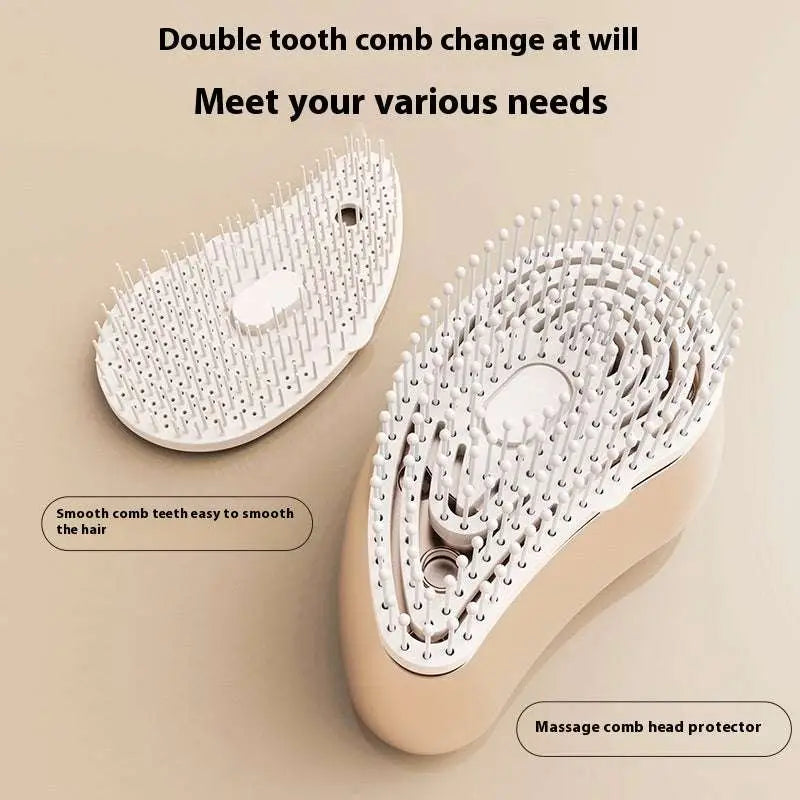 White double-tooth spray massage comb with massage head protector and ergonomic beige handle for hair care spray