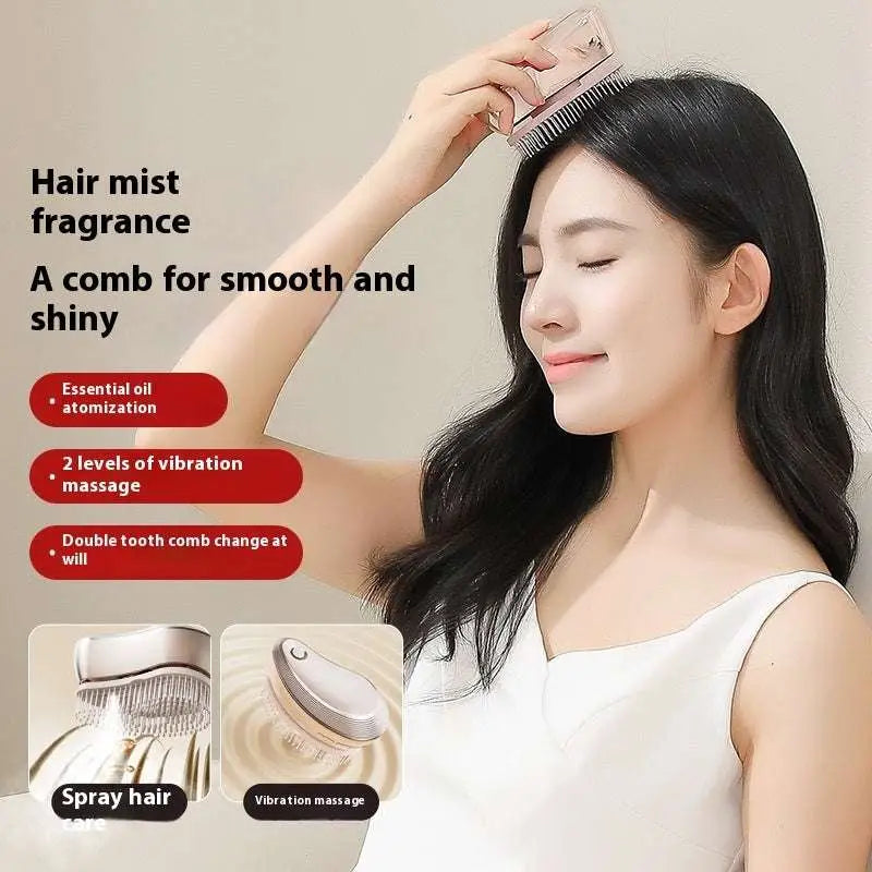 A sleek rose gold electric spray massage comb with vibrating massage and essential oil hair care spray features