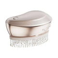 A sleek rose gold electric spray massage comb with curved design and white bristles for hair care spray use
