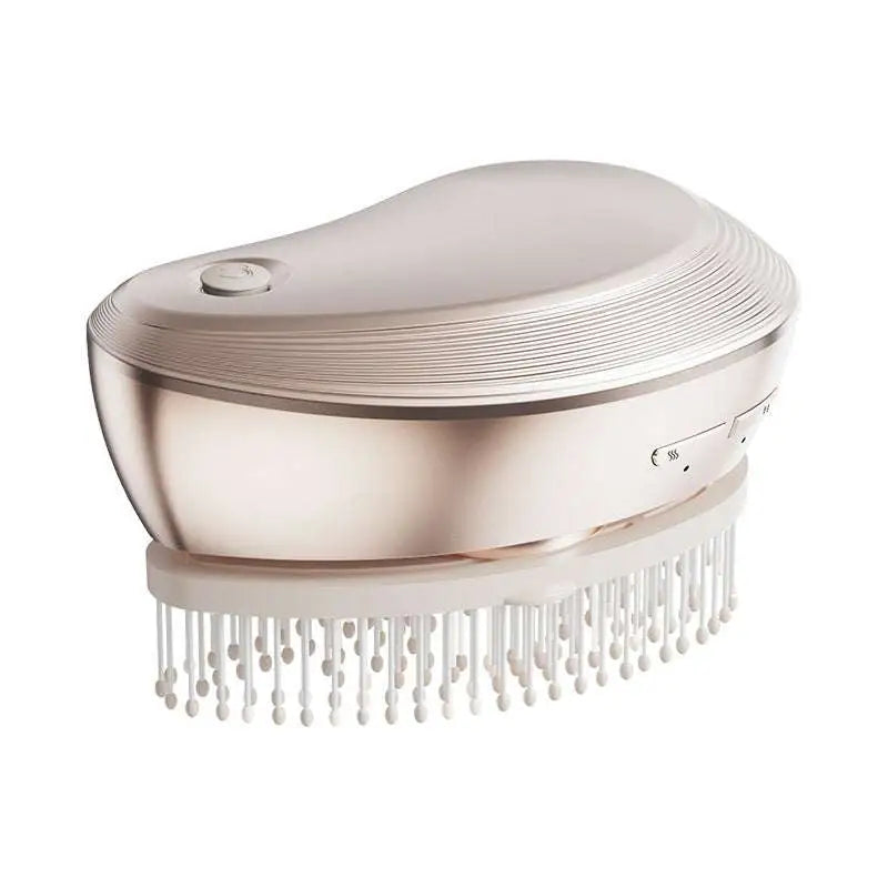 A sleek rose gold electric spray massage comb with curved design and white bristles for hair care spray use