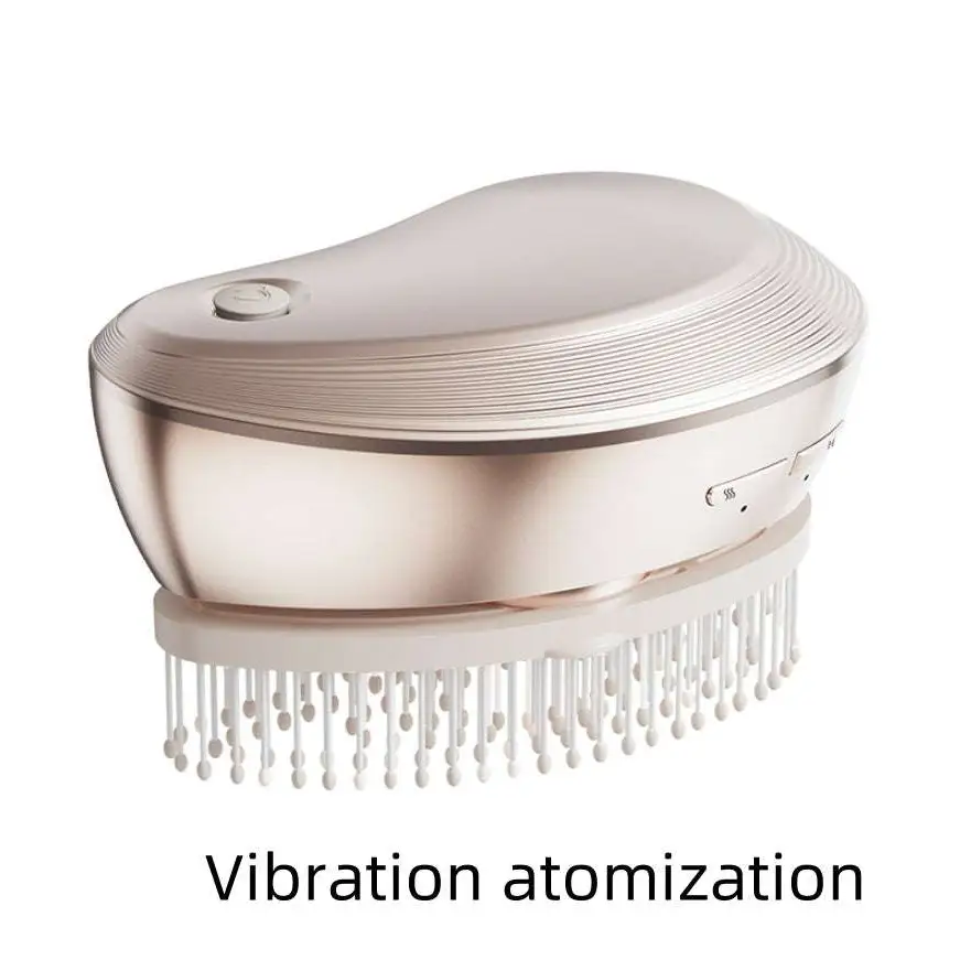 A rose gold electric spray massage comb with white bristles designed for effective hair care spray and scalp massage