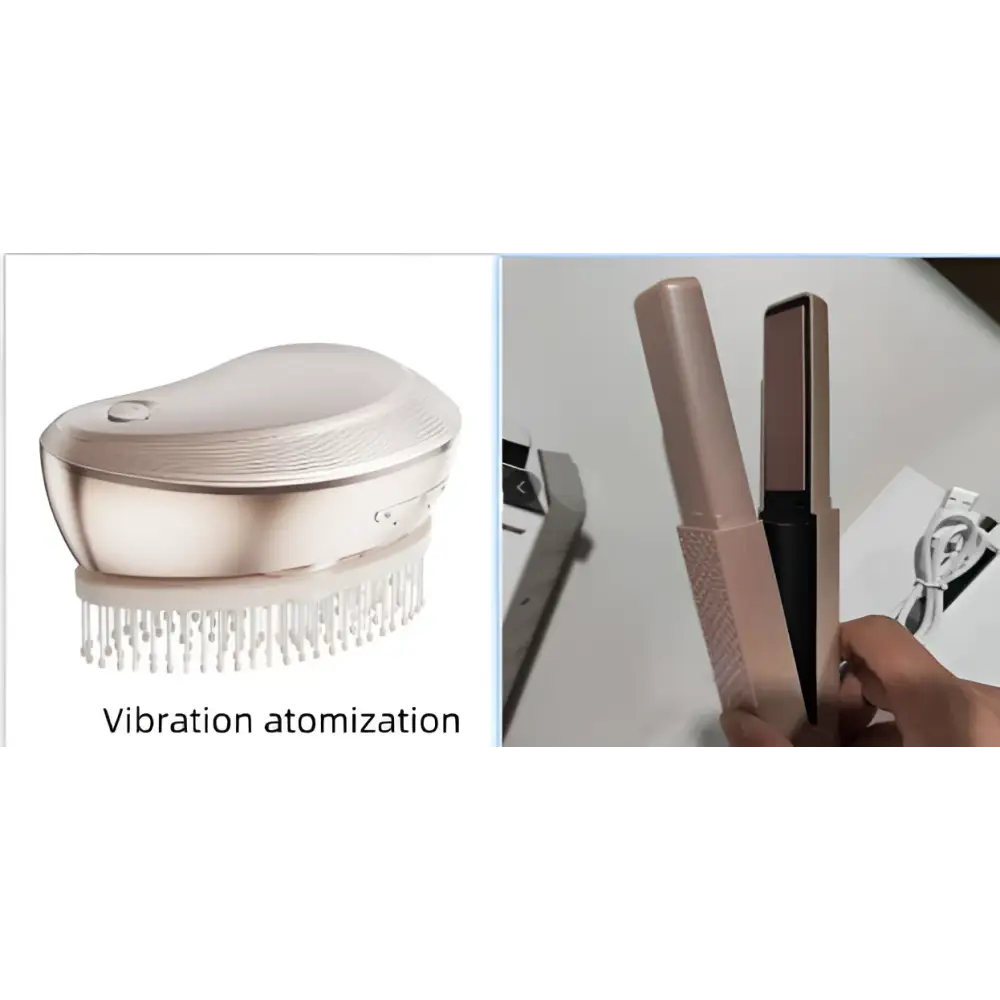 Rose gold electric spray massage comb with bristles and sleek rounded design for hair care spray use